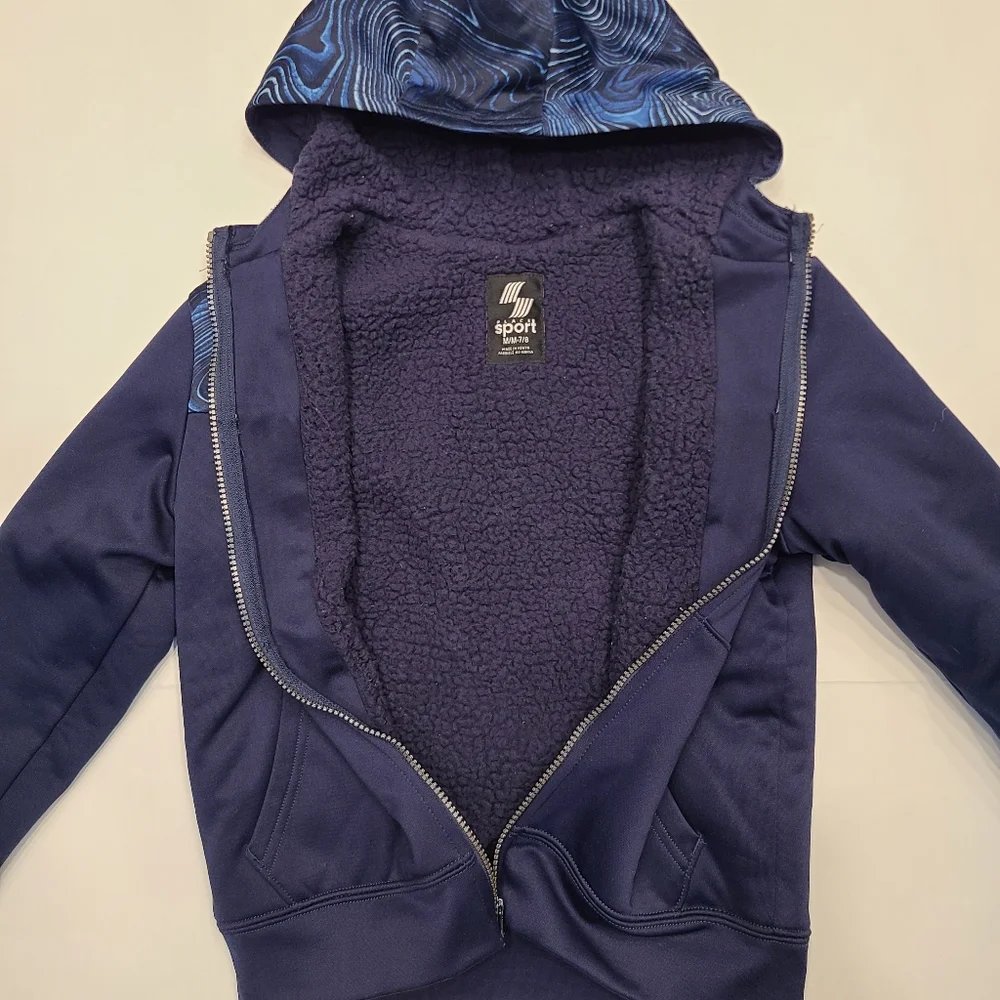 Children's Place Sherpa Lined Performance Full Zip Hoodie Navy Blue Print 7 8